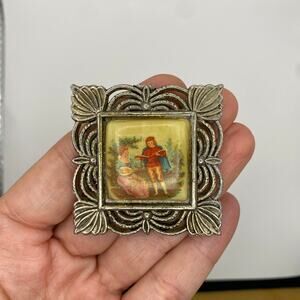 Vintage Celluloid Painting Romantic Framed French Portrait Courting Silver Tone